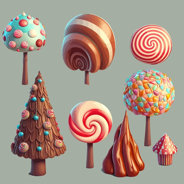 Fantasiesnoepjes snoepjes chocolade en wafelbuizen voor spel ui-ontwerp geïsoleerd op achtergrond vectorillustratie