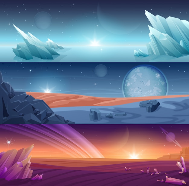 Vector fantastic alien planet horizontal banners landscape background set.