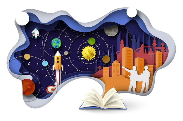 Vector fantastic book about scientific discoveries space exploration