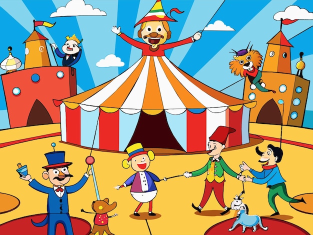Fantastic circus met acrobaten clowns en dieren die trucjes uitvoeren Illustratie
