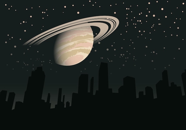 fantastic cityscape with planet saturn