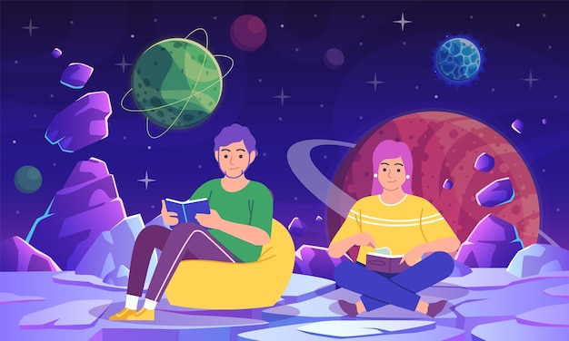 Fantastic dive into book Young man and woman sitting and reading planets and cosmic objects on background great imagination science fiction literature vector flat cartoon concept