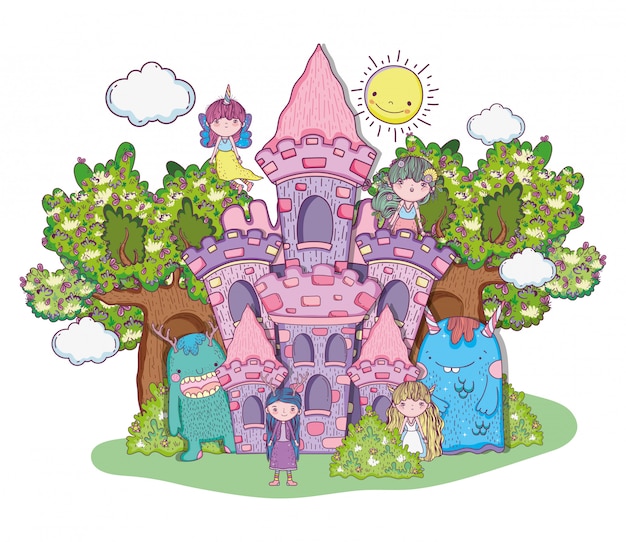 Fantastic girls creatures in the castle with trees and sun