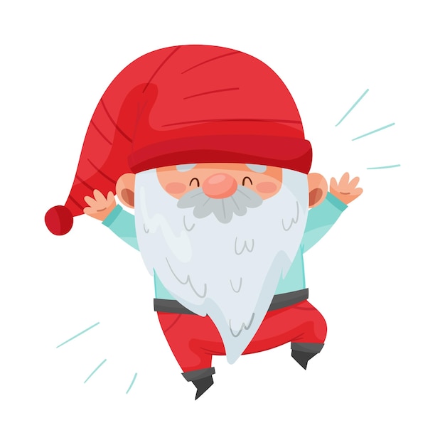 Vector fantastic gnome character with white beard and red pointed hat jumping with joy vector illustration