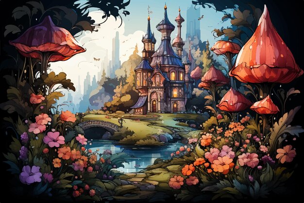 Vector fantastic landscape with mushrooms beautiful old castle and moon illustration to the fairy tale a