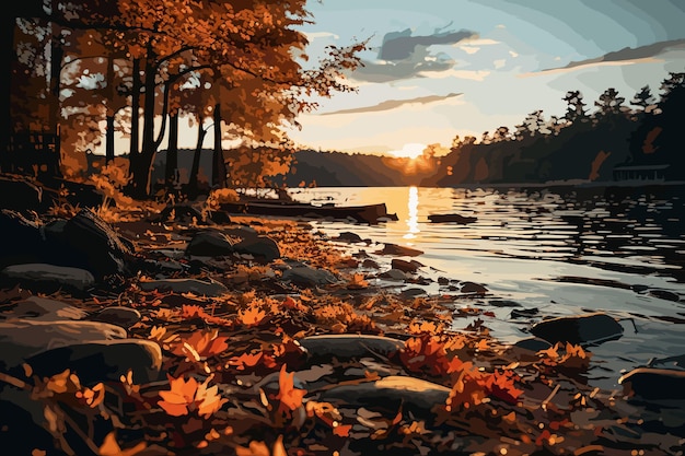 Vector fantastic morning river with yellow autumn foliage in the sunlight sun beams through tree