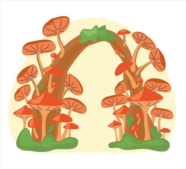 Fantastic mushrooms grow on a tree The concept of autumn season mysticism picking mushrooms Vector illustration