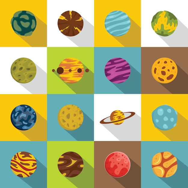 Fantastic planets icons set, flat style