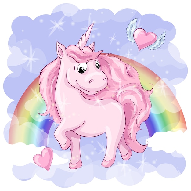 Fantastica cartolina con unicorno, arcobaleno e cuori
