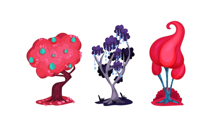Vector fantastic trees with lush crown and trunk vector set