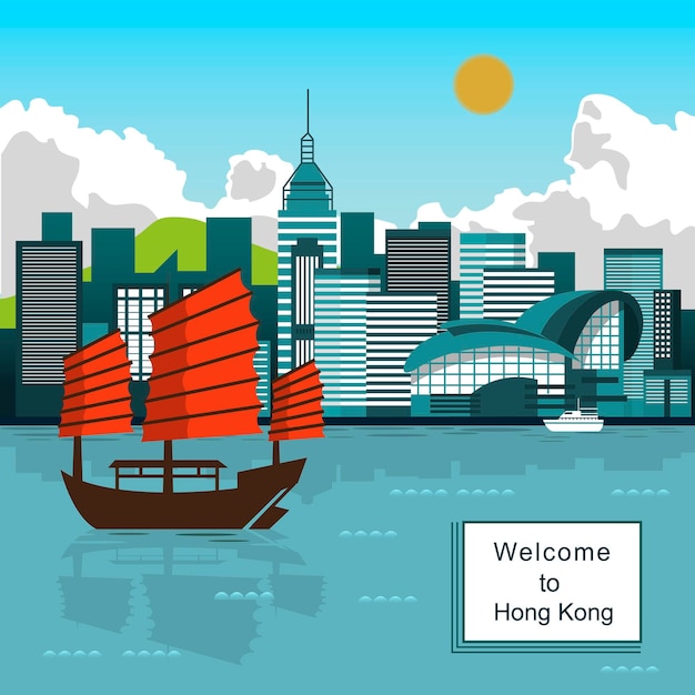 Vector fantastic victoria harbor scenery in flat design