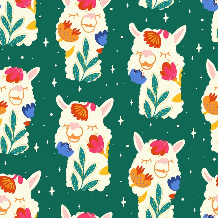 Vector fantastical floral llama seamless pattern with llamas cute fairytale llama characters