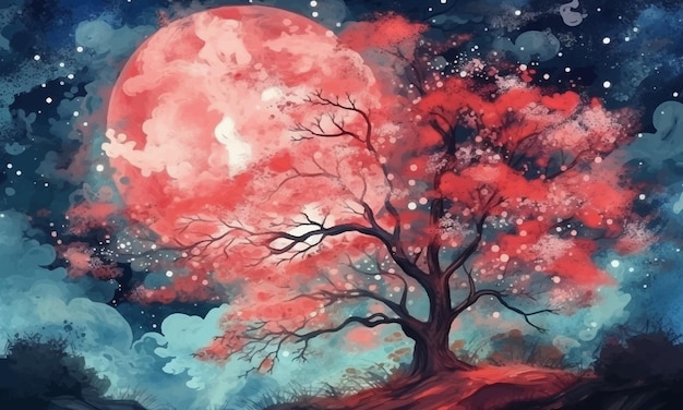 Vector fantastisch olieverfschilderij grote planeet maan over de nachtelijke stad sterrenhemel mooie roze paarse zonsondergang