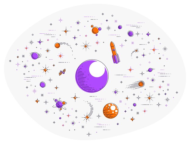 Vector fantastische planeten in onontdekte melkweg met sterren, raketten en andere elementen. verken het universum, adembenemende ruimtewetenschap. dunne lijn 3d vectorillustratie geïsoleerd op wit.