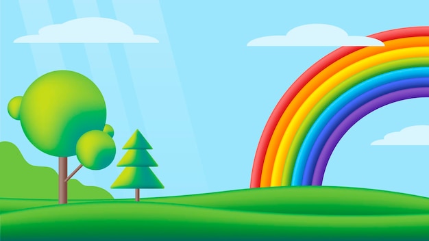 Fantastische scape met regenboog op groene weide. platte vectorillustratie. kinderachtergrond met regenboog, heldere lucht, groene vallei en bomen voor kindersites of afdrukken.