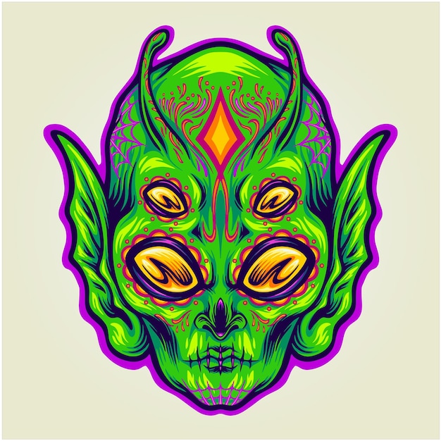 Fantasy alien head in sugar skull day of the dead