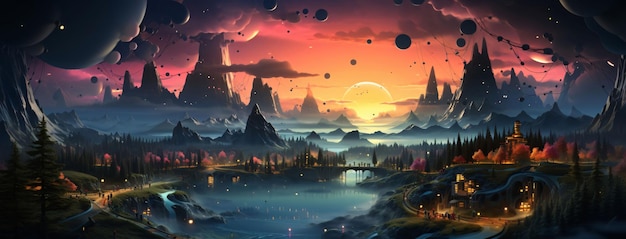 Fantasy alien planet Mountain and lake 3D illustration