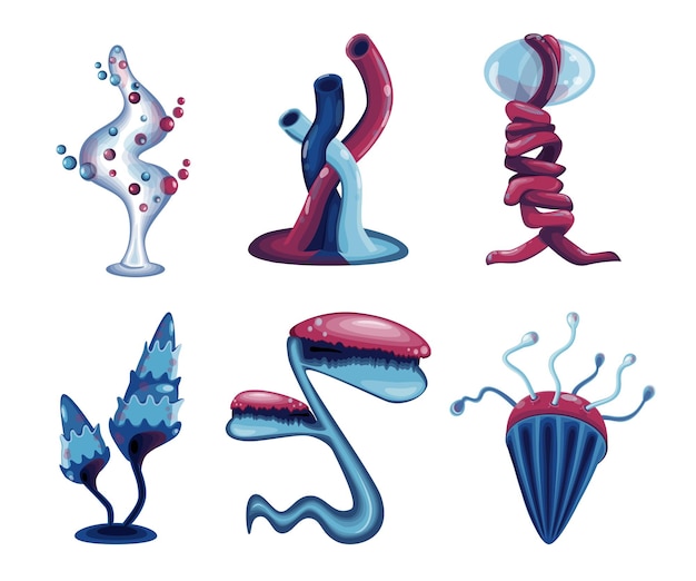 Fantasy alien plants set magic unusual nature elements mushrooms tentaculars tubes bubbles creatures