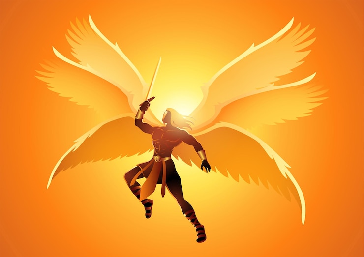 Vector fantasy artillustration of michael the archangel with six wings holding a sword