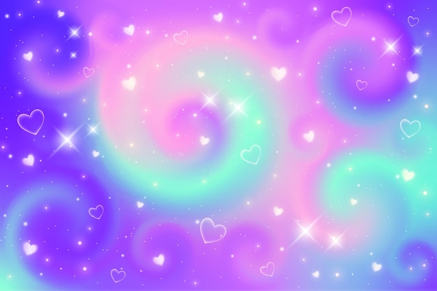 Fantasy background. holographic bright multicolored sky with stars and hearts