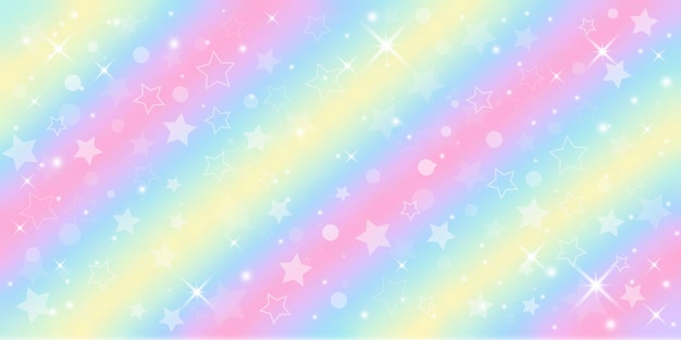Vettore sfondo di fantasia. illustrazione olografica in colori pastello. cielo luminoso multicolore con stelle.