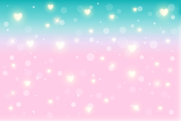 Fantasy background in pastel colors. Multicolored sky with stars and hearts.