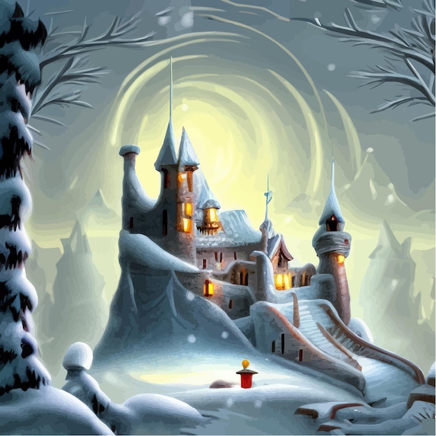 Вектор Фэнтезийный фон с загадочным средневековым замком на заснеженных холмах, векторная иллюстрация