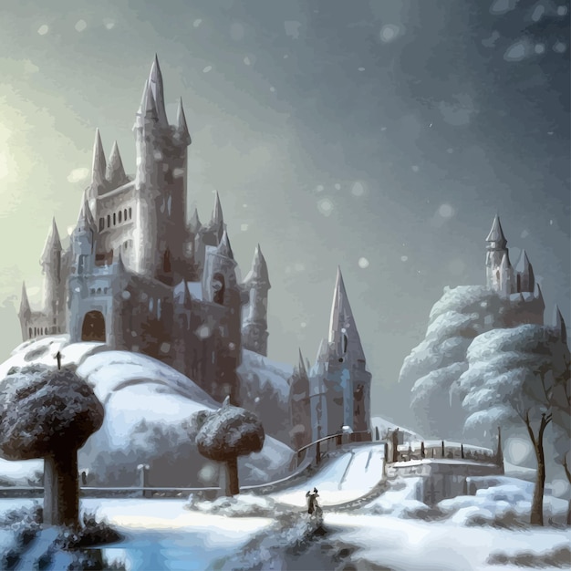 ベクトル 雪に覆われた丘のベクトル図に神秘的な中世の城とファンタジーの背景