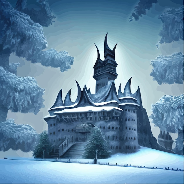 Fantasy background with mysterious medieval castle in snowy hills vector illustration