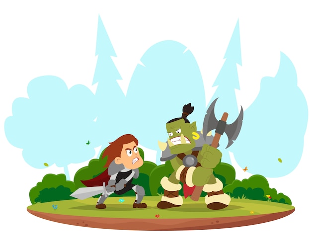 Fantasy battle between the knight and orc.