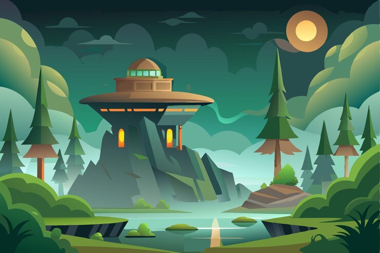 Vector a fantasy castle on an island with a sunset in the background