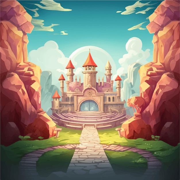 Fantasy castle in the mountains vector game background