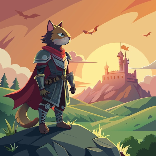 Вектор Фантастический рыцарь-кошка с видом на далекий замок