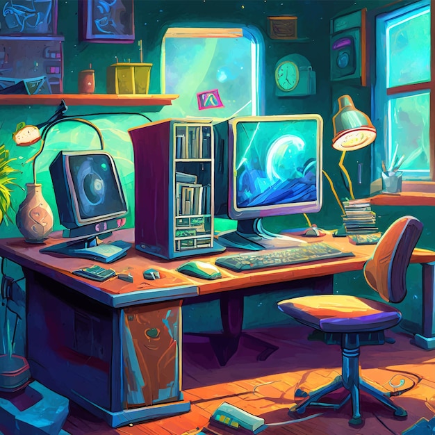 Fantasy computer workplace illustration
