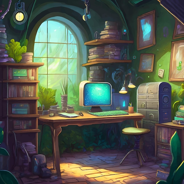 Vector fantasy computer workplace illustration