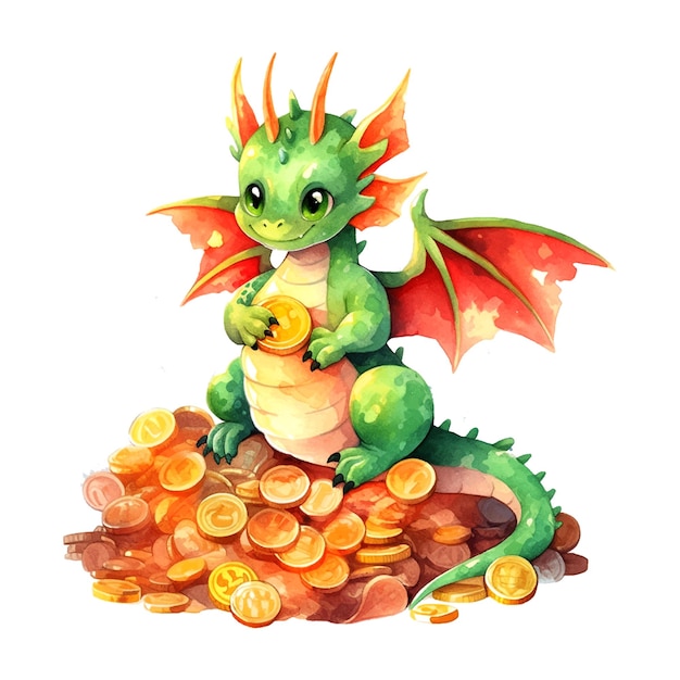 Fantasy cute dragon on the mountain of coins christmas great design watercolor White color background New Year 2024 Vector art illustration Cartoon dragon