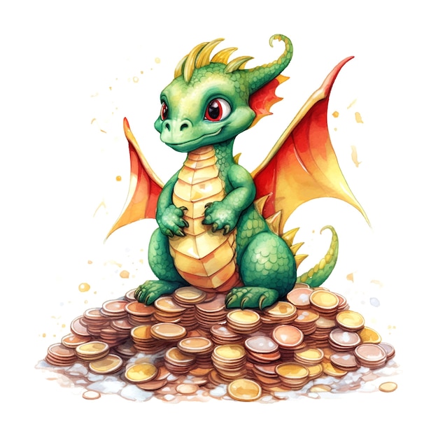 Fantasy cute dragon on the mountain of coins christmas great design watercolor White color background New Year 2024 Vector art illustration Cartoon dragon