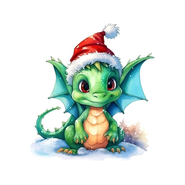 Fantasy cute dragon with christmas hat great design watercolor White color background New Year 2024 Vector art illustration Cartoon dragon