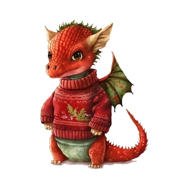 Fantasy cute dragon with christmas sweater great design watercolor white color background new year v