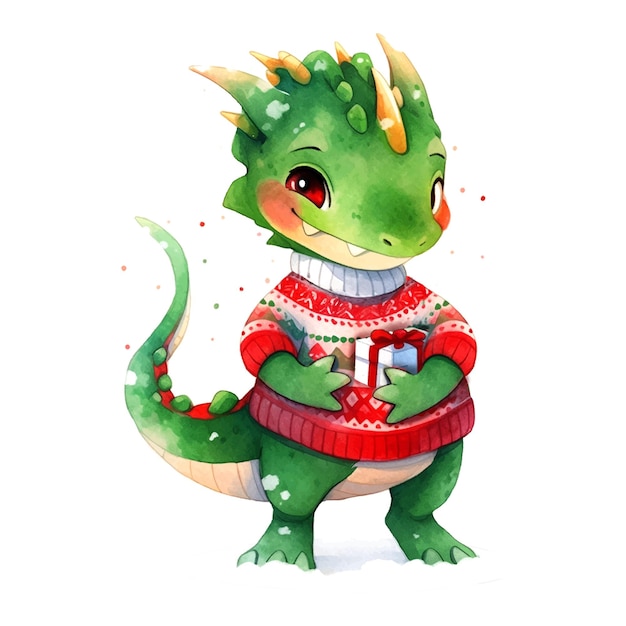 Fantasy cute dragon with gift christmas great design watercolor White color background New Year 2024 Vector art illustration Cartoon dragon