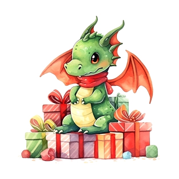 Fantasy cute dragon with gifts christmas great design watercolor white color background new year vec