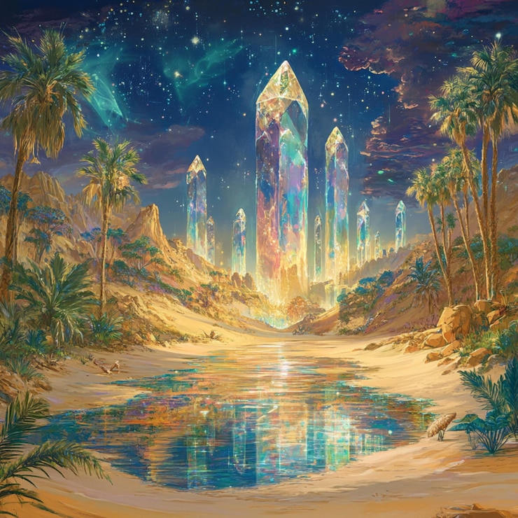 Vector fantasy desert oasis with floating crystals