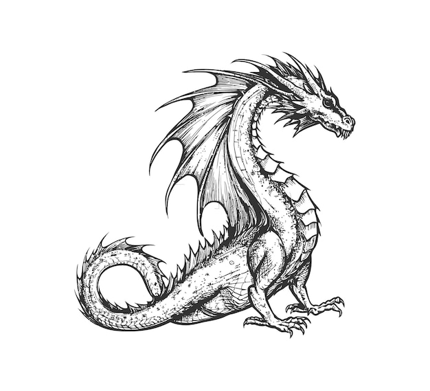 Fantasy dragon hand drawn sketch Side view Vector illustration design