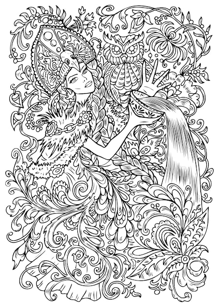 Fantasy engraved illustration with beautiful woman as witch or magician for coloring page