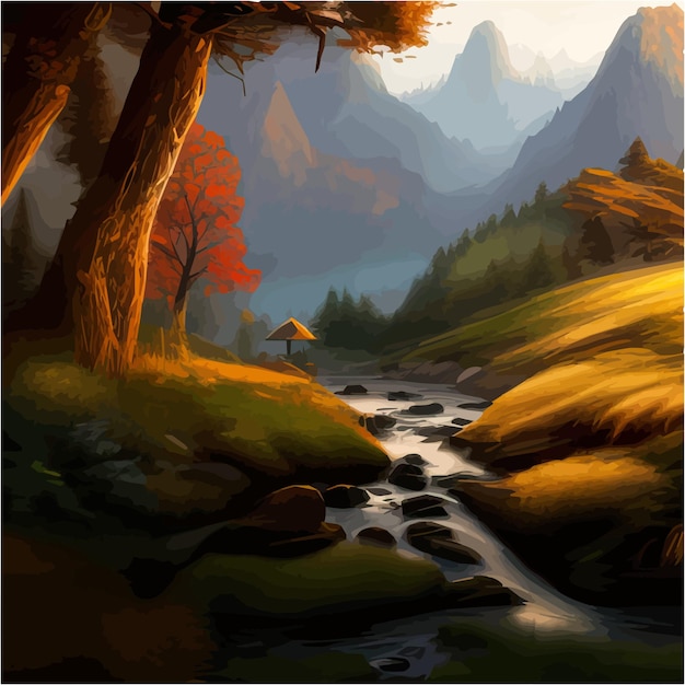 Вектор Фэнтезийный эпический волшебный горный пейзаж летняя природа мистическая долина с лесом и речной игрой