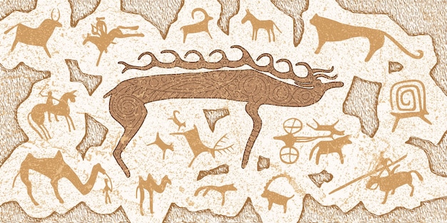 Vector fantasy on an ethnic theme petroglyphs rock paintings of central asia and mongolia