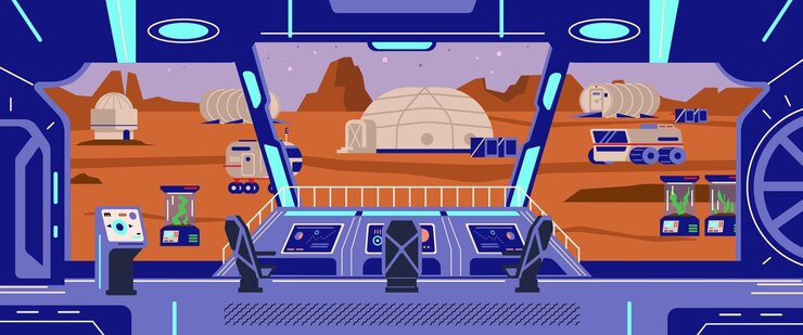 Vector 宇宙船内部宇宙船ロケットベクトルの背景とファンタジーフラットイラスト