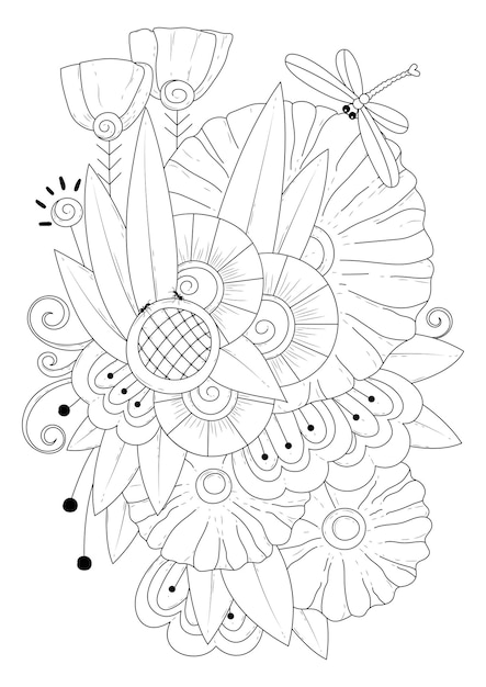 Fantasy flowers buds and a dragonfly Art line Coloring page Illustration