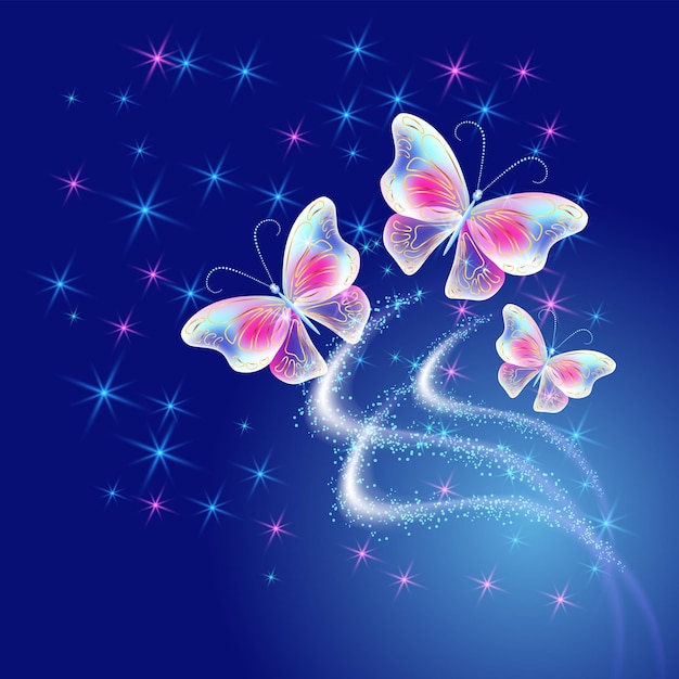 Vector fantasy flying butterflies with  firework and glowing salute