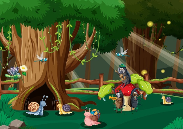 Fantasy forest with cartoon insects